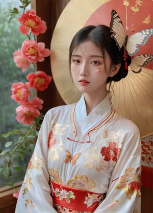 hubggirl,Chinese girl, wearing hanfu, peony garden, butterfly, (negative space:1.4), fusion of art nouveau styles with gongbi painting, gold and white and red hue, Mucha style, (Cinematic lighting, ethereal light, intricate details, extremely detailed, incredible details, full colored), complex details, hyper maximalist, gorgeous light and shadow, detailed decoration, detailed lines. masterpiece, best quality, HDR, UHD, unreal engine. looking at the camera, fair skin, beautiful face,