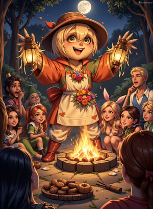 A whimsical Halloween night illustration! A cute Scarecrow stands in a storybook setting, surrounded by a moonlit forest. Wearing a bright orange hat and a patchwork outfit, the Scarecrow's straw-stuffed body is adorned with a flowing white apron and a bouquet of colorful flowers. In one hand, it holds a lantern that casts a warm glow on the scene.

In the background, a diverse cast of characters from various cultures and backgrounds gather around a bonfire, sharing spooky tales and treats. Some wear elaborate costumes, while others sport simpler attire with creative accessories. The lighting is warm and inviting, with subtle shadows adding depth to the illustration.

The Scarecrow's facial expression is endearingly goofy, its straw-filled body seeming to lean in with excitement as it listens to the stories. The characters' diverse skin tones, hair colors, and hairstyles are depicted with care, showcasing a vibrant community coming together to celebrate Halloween night.