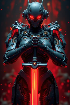 (ultra realistic,best quality),photorealistic,Extremely Realistic, in depth, cinematic light,mecha\(hubggirl)\, front view of a dark grey female robot soldier, holding a glowing red sword downwards with both hands, red_led, dynamic poses, particle effects, perfect hands, perfect lighting, vibrant colors, intricate details, high detailed skin, intricate background, realism, realistic, raw, analog, taken by Canon EOS,SIGMA Art Lens 35mm F1.4,ISO 200 Shutter Speed 2000,Vivid picture,hubggirl