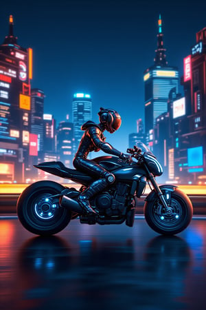 A photograph of a futuristic robot, sleek metallic body with glowing blue accents, riding a high-tech motorcycle, near the center of a bustling city at night. The cityscape includes towering skyscrapers with neon signs. The bright city lights create dynamic reflections on the robot and bike. Created Using: HDR camera, cyberpunk art movement, neon lighting, wide-angle lens, glossy finish, digital painting techniques, dramatic shadows, lens flares, hd quality, natural look