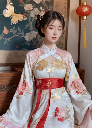 hubggirl,Chinese girl, wearing hanfu, peony garden, butterfly, (negative space:1.4), fusion of art nouveau styles with gongbi painting, gold and white and red hue, Mucha style, (Cinematic lighting, ethereal light, intricate details, extremely detailed, incredible details, full colored), complex details, hyper maximalist, gorgeous light and shadow, detailed decoration, detailed lines. masterpiece, best quality, HDR, UHD, unreal engine. looking at the camera, fair skin, beautiful face,