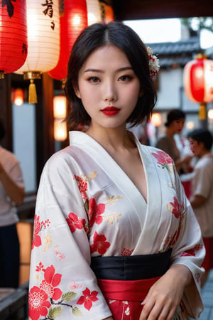 (ultra realistic,best quality),photorealistic,Extremely Realistic, in depth, cinematic light,hubggirl, 26yo girl, short wavy black hair, bold red lipstick, wearing a modernized traditional Japanese yukata with floral patterns, featuring a deep neckline and high slit, standing in a vintage Japanese street during a summer festival, surrounded by lanterns and food stalls, holding a traditional Japanese fan, the atmosphere is vibrant and nostalgic, blending traditional and contemporary fashion, perfect hands,perfect lighting,vibrant colors, intricate details,high detailed skin,intricate background, realism,raw,analog,taken by Sony Alpha 7R IV,Zeiss Otus 85mm F1.4,ISO 100 Shutter Speed 1/400,