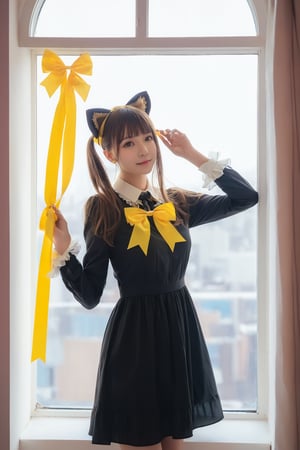 1girl, solo, long hair, looking at viewer, blush, smile, bangs, brown hair, shirt, long sleeves, dress, ribbon, jewelry, closed mouth, yellow eyes, upper body, earrings, frills, hand up, twitter username, black dress, window, neck ribbon, floating hair, yellow ribbon,
surreal dramatic lighting shadow (lofi, analog), kodak film by Brandon Woelfel Ryan McGinley,
