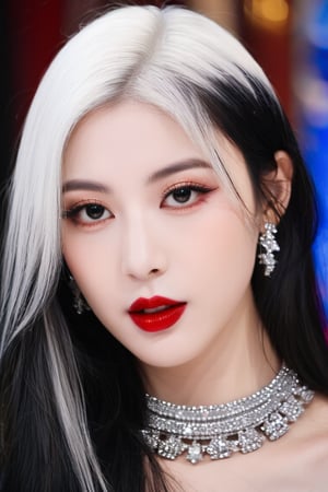 Best quality, 4K, 8K, high-resolution, masterpiece, ultra-detailed, photorealistic, a close up of a woman's face with black and white hair, glowing eyes, and lots of glitter, 1girl, long hair, red eyes, jewelry, black hair, blurry, eyelashes, lips, colored skin, depth of field, straight hair, cosmic background, portrait, gem, silver skin