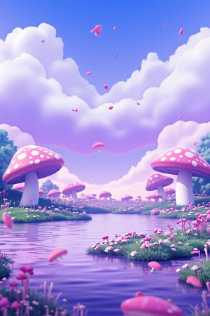 D\(hubgstyle)\,no humans, outdoors,water,sky,day,cloud,flower, grass,scenery,mushroom, purple theme, professional 3d model, anime artwork pixar, 3d style, good shine, OC rendering, highly detailed, volumetric, dramatic lighting,