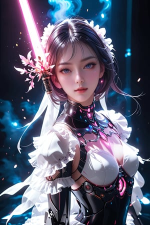 masterpiece, best quality, ultra-detailed, best shadow, detailed background,dark fantasy, mecha\(hubggirl)\,

BREAK 
hubggirl with White Lolita outfit ,holding a glowing pink sword upwards,

BREAK 
dynamic poses, particle effects, perfect hands,
beautiful detailed face, high contrast, best illumination, an extremely delicate and beautiful, 
cinematic light, colorful, hyper detail, dramatic light, intricate details,