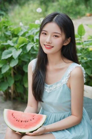 (ultra realistic,best quality),photorealistic,Extremely Realistic, in depth, cinematic light,hubggirl,

18yo Chinese girl , long straight black hair, wearing a light summer dress, sitting in a sunny garden, holding a slice of watermelon with a joyful smile, surrounded by lush green plants and vibrant flowers, the atmosphere is fresh and lively, capturing the essence of a bright summer day, the sunlight casting a warm and natural glow on her skin,

dynamic poses, particle effects, perfect hands, perfect lighting, vibrant colors, intricate details, high detailed skin, intricate background, realism, raw, analog, taken by Sony Alpha 7R IV, Zeiss Otus 85mm F1.4, ISO 100 Shutter Speed 1/400,
