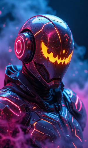 This image is a piece of digital art that looks like a futuristic or sci-fi scene. It shows a close-up of the head and upper body of a futuristic warrior who is wearing a neon metal helmet resembling a pumpkin lamp and a neo-futuristic technological battle armor that is a combination of Spider-Man and Iron Man battle armor.
High-tech cyberpunk style,
Vertigo, Splash Art, Splash Neon Colors, (Colorful Glowing Smoke) ((Dynamic Effects)), Best Quality, Wallpaper Art, UHD, Medium Scene, MSchiffer Art, ((Flat Colors)), (cel-shading style) Very Bold Neon Colors, Psychedelic Environments.