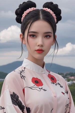 a potrait of a hubggirl, red eyes, black hair, hair bun with accessories, cloud pattern on garment, mystical, 
pale skin, blush on cheeks, 
white background, portrait, upper body shot, artful composition, detailed line art, vibrant color contrast,