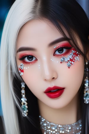 Best quality, 4K, 8K, high-resolution, masterpiece, ultra-detailed, photorealistic, a close up of a woman's face with black and white hair, glowing eyes, and lots of glitter, 1girl, long hair, red eyes, jewelry, black hair, blurry, eyelashes, lips, colored skin, depth of field, straight hair, cosmic background, portrait, gem, silver skin