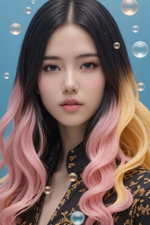 1 girl stands in black and gold fluid, looks at viewer, (fractal art:1.3), black and gold, floating pink long hair, precise facial structure, Gradient white|light blue fluid, organic feel, bubbles, cowboy shot, vivid color, colorful background,