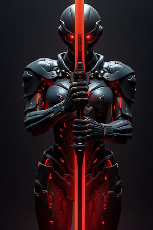 (ultra realistic,best quality),photorealistic,Extremely Realistic, in depth, cinematic light,mecha\(hubggirl)\, front view of a dark grey female robot soldier, holding a glowing red sword downwards with both hands, red_led, dynamic poses, particle effects, perfect hands, perfect lighting, vibrant colors, intricate details, high detailed skin, intricate background, realism, realistic, raw, analog, taken by Canon EOS,SIGMA Art Lens 35mm F1.4,ISO 200 Shutter Speed 2000,Vivid picture,hubggirl