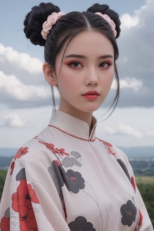 a potrait of a hubggirl, red eyes, black hair, hair bun with accessories, cloud pattern on garment, mystical, 
pale skin, blush on cheeks, 
white background, portrait, upper body shot, artful composition, detailed line art, vibrant color contrast,