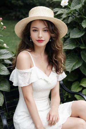 a portrait of a beautiful middle-aged woman with long curly hair, wearing a white dress and a straw hat, sitting on a sofa outdoors, surrounded by flowers and plants
, photorealistic:1.3, best quality, masterpiece, MikieHara, HUBG_Beauty_Girl,HUBGGIRL,Extremely Realistic