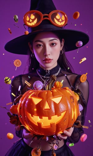 a beautiful detailed cyborg girl, halloween jack-o-lantern fusion, solo, witch, pumpkin shield, jack-o-lantern design, halloween elements, seamless blend, candy elements, pumpkin elements, purple&orange&black color scheme, halloween decorations, transparent purple overlay, iconic halloween, ARW, best quality, 8k, highres, masterpiece, ultra-detailed, realistic, photorealistic, HDR, UHD, vivid colors, professional, concept art