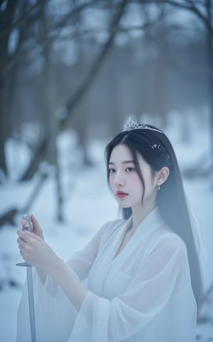 This is a high-resolution photograph of a young East Asian woman with a delicate, ethereal appearance. She is captured in a dramatic, otherworldly setting, with a snowy, misty background and a soft, diffused light. The woman has long, straight black hair cascading down her back, adorned with a delicate, silver hairpiece that resembles a crown. Her facial features are delicate and her skin is pale, with a slight pink undertone. She has a small, delicate nose, full lips painted in a vibrant red, and her eyes are almond-shaped with a soft, dreamy gaze. She is dressed in a flowing, white, semi-transparent robe, which appears to be made of sheer, gossamer fabric, giving it a misty, ghostly quality. She holds a sword in her right hand, poised as if in a defensive or dramatic stance. The sword is slender and elegant, with a delicate blade. 