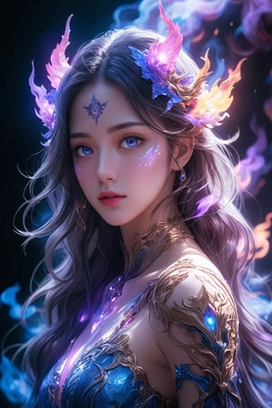 masterpiece:1.2, best quality, (finely detailed beautiful eyes: 1.2), (detailed background,dark fantasy), (beautiful detailed face), high contrast, (best illumination, an extremely delicate and beautiful), ((cinematic light)), colorful, hyper detail, dramatic light, intricate details,

BREAK 
(purple fire:1.2),(a girl surrounded by blue flames),the burning ha