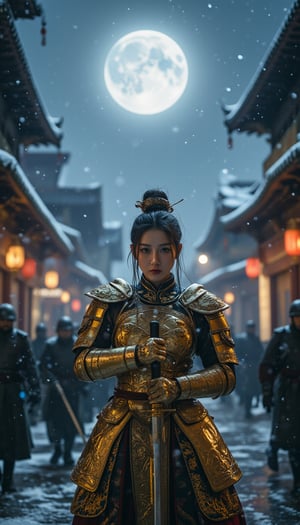 An ancient Chinese city street setting,
ancient China, city street, nighttime, full moon, soldiers, winter, snow-covered rooftops, traditional architecture, lanterns,
in the middle, a female general stands confidently, wearing heavenly golden armor and wielding a long sword, as soldiers rush past her, the moonlight illuminating her fierce expression amidst the falling snow.