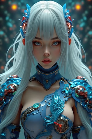 A cinematic masterpiece of photorealistic excellence, a stunning portrait of the hubgwomen, 'hubg_beauty_girl', captured in a front-view pose, with piercing eyes gazing directly at the viewer. Her long, flowing white hair cascades down her back like a river of silk, as she wears intricate mechanical armor adorned with delicate blue filigree and red metallic parts. The dynamic pose showcases the detailed armor's curves and textures, while the raw photo quality emphasizes every realistic aspect. In the background, an intricate, analog-inspired setting provides depth and context, illuminated by cinematic lighting that accentuates every detail. This is a true work of art, a photorealistic marvel that blurs the line between reality and fantasy.