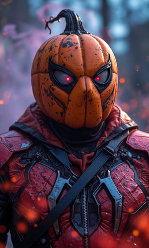 a photorealistic close-up Iron-Man_Spider-Man_pumpkin-Man, 
The image is a piece of digital art that looks like a futuristic or sci-fi scene. It shows a close-up of the head and upper body of a futuristic warrior wearing a pumpkin hood and a Spider-Man suit, similar in appearance to the Iron Man battle armor. This futuristic warrior has a glow emanating from the eye area of his pumpkin hood.
Hi-Tech cyberpunk style,
stoned, splatter art, color -splattered neon colors, (colorful glowing smoke) ((motion effect)), best quality, wallpaper art, UHD, centerpiece, MSchiffer art, ((flat color)), (cel-shading style) colors very bold neon, ((high saturation)) ink lines, psychedelic environments.