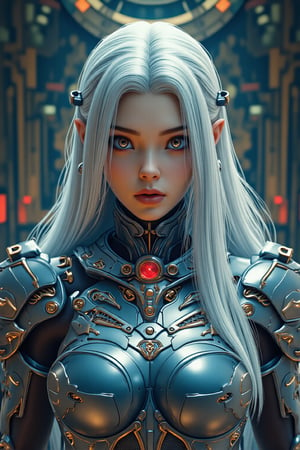 A cinematic masterpiece of photorealistic excellence, a stunning portrait of the hubgwomen, 'hubg_beauty_girl', captured in a front-view pose, with piercing eyes gazing directly at the viewer. Her long, flowing white hair cascades down her back like a river of silk, as she wears intricate mechanical armor adorned with delicate blue filigree and red metallic parts. The dynamic pose showcases the detailed armor's curves and textures, while the raw photo quality emphasizes every realistic aspect. In the background, an intricate, analog-inspired setting provides depth and context, illuminated by cinematic lighting that accentuates every detail. This is a true work of art, a photorealistic marvel that blurs the line between reality and fantasy.