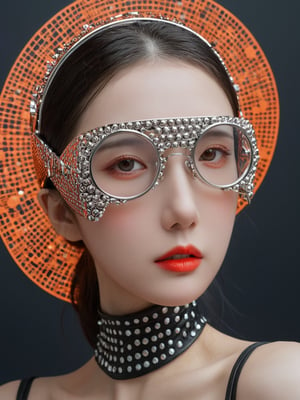 a woman wears and wears black dots on her head, in the style of futuristic fantasy, 3d, metallic sculpture, elegant, emotive faces, dark Orange and red and light silver,her eyes wearin a futuristic sun glasses algorithmic artistry, high resolution