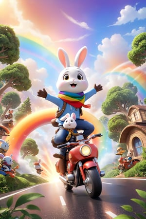  professional 3d model,anime artwork pixar,3d style,good shine,OC rendering,highly detailed,volumetric,dramatic lighting,furry,cute,(a bunny riding a motorcycle:1.1),rabbit,solo,(motor vehicle:1.2),riding,scarf,running on the rainbow,tree,extreme perspective,looking up at the camera,rainbow,fire spray,speed,humorous,beautiful colorful background,very beautiful,masterpiece,best quality,super detail,anime style,key visual,vibrant,studio anime,3D\(hubgstyle)\