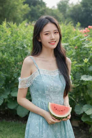 (ultra realistic,best quality),photorealistic,Extremely Realistic, in depth, cinematic light,hubggirl,

Beautiful young Chinese woman, long straight black hair, wearing a stylish summer dress, standing in a sunlit garden, holding a slice of watermelon with a joyful smile. Surrounded by lush greenery and vibrant flowers, the scene captures a bright summer day, with sunlight casting a warm glow on her skin.

dynamic poses, particle effects, perfect hands, perfect lighting, vibrant colors, intricate details, high detailed skin, intricate background, realism, raw, analog, taken by Sony Alpha 7R IV, Zeiss Otus 85mm F1.4, ISO 100 Shutter Speed 1/400,