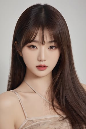 hubggirl, 
Cinematic Photo of a beautiful korean fashion model,
long hair, make up, sexy, mesh, looking at viewer, bangs, bronze hair, brown eyes, parted lips, blunt bangs, lips,