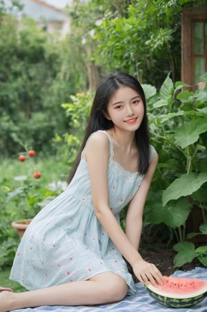 (ultra realistic,best quality),photorealistic,Extremely Realistic, in depth, cinematic light,hubggirl,

18yo Chinese girl , long straight black hair, wearing a light summer dress, sitting in a sunny garden, holding a slice of watermelon with a joyful smile, surrounded by lush green plants and vibrant flowers, the atmosphere is fresh and lively, capturing the essence of a bright summer day, the sunlight casting a warm and natural glow on her skin,

dynamic poses, particle effects, perfect hands, perfect lighting, vibrant colors, intricate details, high detailed skin, intricate background, realism, raw, analog, taken by Sony Alpha 7R IV, Zeiss Otus 85mm F1.4, ISO 100 Shutter Speed 1/400,
