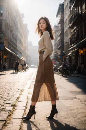 Surreal Portrait Photography of hubggirl, full body shot, ultra realistic,best quality ,photorealistic,Extremely Realistic, in depth, cinematic light, BREAK A 21-year-old woman walks confidently outside on a sun-kissed day. The camera captures her from the side and rear views, showcasing the skirt's texture and the way it hugs her curves. Earthy tones dominate the frame, with warm lighting casting a flattering glow. Her figure is accentuated by the cinematic composition, with the leather skirt taking center stage. BREAK perfect hands, perfect lighting, vibrant colors, intricate details, high detailed skin, intricate background, realistic, raw, analog, taken by Canon EOS,SIGMA Art Lens 35mm F1.4,ISO 200 Shutter Speed 2000,Vivid picture,