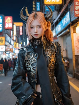 Low Angle View,. anime girl, a hkstyle woman with rotten horned oni mask and a outworn detailed old high collar cyberpunk Samurai jacket, translucent amber Horns, glowing hair, surrounded by a cyberpunk japanese street, hyper-detailed, sharp, high resolution, high quality, 32K, Ultra realistic, HD, super detailed, line art, abstract style, depth_of_field, background, 