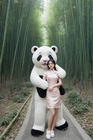 (ultra realistic,best quality),photorealistic,Extremely Realistic, in depth, cinematic light,hubggirl,

 1 girl, sole female, shiny straight black hair, brigth pink eyes, panda_bear ears, qipao dress, hugging a big white tiger in a bamboo forest, full-body_portrait,

intricate background, realism,realistic,raw,analog,portrait,photorealistic,