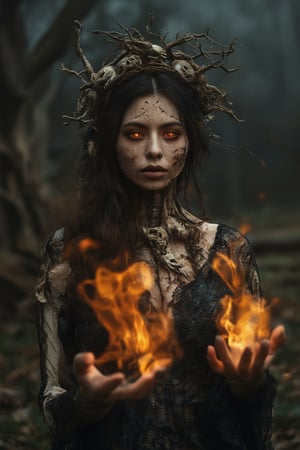 Generate hyper realistic image of a dark, haunting woman with macabre and mystical features. Her face is eerie and skeletal, covered in intricate patterns that resemble roots and vines, giving it a decaying, earthy appearance. Her eyes glow a bright, fiery orange. She is wearing crown-like headpiece made of twisted branches and skulls. The branches fan out from her head, some of them resembling gnarled tree roots, while numerous skulls are embedded within the design. Her clothing is dark and lacy, resembling an ancient, decayed wedding dress. The delicate lace details are contrasted by the rough, bark-like textures that blend into her skin. Her hands are elongated and bony, with sharp, claw-like fingers. Her body is mostly obscured by her dark clothing and the glowing energy she manipulates. The background is dark and shrouded in mist, with faint outlines of twisted trees and decaying branches.,Magicallights,divinelights