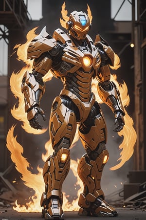anthropomorphic creature made of fire , emanates quantities of said element,wearing  a cybernetic armor, you can see the background matches its element ,((Tall and skinny, really tall)) , full body shot, wide Angle, octane render RTX, render, realistic render, cinematic lighting, ultra-detailed, muscular body, HUBG_Mecha_Armor