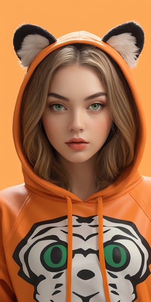 (ultra realistic,best quality),photorealistic,Extremely Realistic, in depth, cinematic light,hubggirl,
brilliant merge cartoon drawning style and photorealism, hand-drawn fashion photography,
portrait of an incredibly beautiful woman, (((tiger color hair))), golden green eyes,
clothing \orange oversized hoodie with black ornament, black leather pants\,
art studio background, neon lighting enviroment, sensual and elegant,
unexpectable camera angle, model pose, trending on teenagers magazines and social media.
