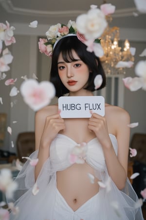 A Wong Kar Wai style movie masterpiece. A young woman Holding up a sign that says, "HUBG FLUX." wearing a flower wreath stands confidently in front of a mirror, She dons a flowing white wedding dress with halter neckline and deep V-neckline, its sheer fabric catching the soft light. Her dark hair, styled in a bob with bangs, frames her serious expression as she meets the camera's gaze. The room behind her is blurred, but a chandelier hangs from the ceiling, adding to the elegant and romantic ambiance.Her petite figure is framed in the floating petals. The wide-angle lens captures the scene at a color temperature of 3200K, and the quality of the raw photo is breathtaking.