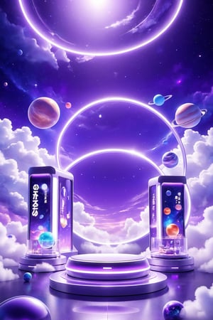 professional 3d model,anime artwork pixar,3d style,good shine,OC rendering,highly detailed,volumetric,dramatic lighting,3d\(hubgstyle)\,

E-commerce booth, a round podium on the ground in the middle, purple futuristic scene theme, clouds, starry sky, planets in the sky, glowing beam in the background,

beautiful colorful background,very beautiful,masterpiece,best quality,super detail,anime style,key visual,vibrant,studio anime,