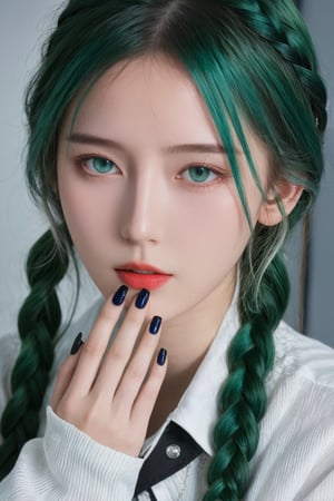 (ultra realistic,best quality),photorealistic,Extremely Realistic,in depth,cinematic light,hubggirl,

BREAK

stunning anime portrait of a green-haired girl with intense blue eyes, close-up view, intricate hand details, braided hair, white clothing, strong light and shadow contrasts, black nails, 21 years old, 

BREAK

dynamic poses, particle effects, perfect hands, perfect lighting, vibrant colors, intricate details, high detailed skin, intricate background, realistic, raw, analog, taken by Sony Alpha 7R IV, Zeiss Otus 85mm F1.4, ISO 100 Shutter Speed 1/400, Vivid picture, More Reasonable Details