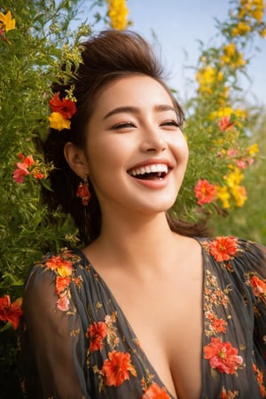 A stunning masterpiece! A breathtakingly beautiful 8K wallpaper featuring a radiant young woman with flawless skin and a perfectly proportioned golden-ratio face. Her parted lips curve into a joyful laugh, her eyes locking onto the viewer with piercing eye contact. She's dressed in a flowing blouse adorned with vibrant flowers, her mohawk styled to perfection. The camera captures her from a dynamic cowboy shot perspective, with edge lighting that accentuates every delicate detail. Volumetric light and ray tracing techniques create an incredibly detailed, high-definition image that seems almost three-dimensional. Every aspect of this masterpiece screams best quality, from the glossy skin to the intricately rendered flowers and blouse styles. It's a true work of art, begging to be printed on high-quality photography film paper