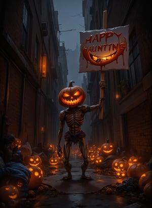 A dimly lit alleyway on a drizzly Halloween night. Pumpkinman, a mischievous ghoul with glowing orange eyes and a wicked grin, stands amidst a backdrop of trash bags and discarded treats. He's surrounded by a halo of flickering jack-o-lanterns, their twisted faces reflecting his own supernatural aura. ZloyOrk-esque graffiti scrawls the walls as Pumpkinman holds up a Happy Haunting sign, his bony fingers grasping it like a ghoul-sized party favor.