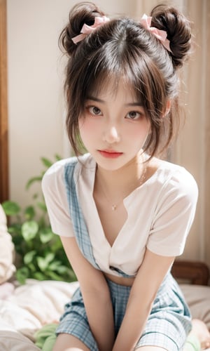 Softly lit portrait,youthful female subject,large round glasses,double bun hairstyle,pink bow accessory,white collar blouse,gazing directly at the camera with a gentle expression,kneeling on a white bed,blurred background suggesting a bright,airy room,pastel color palette,delicate and whimsical ambiance,soft-focus effect,high-key lighting,possibly inspired by Japanese anime or schoolgirl fashion aesthetics.,