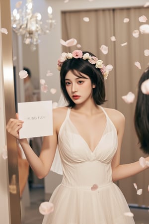 A Wong Kar Wai style movie masterpiece. A young woman Holding up a sign that says, "HUBG FLUX." wearing a flower wreath stands confidently in front of a mirror, She dons a flowing white wedding dress with halter neckline and deep V-neckline, its sheer fabric catching the soft light. Her dark hair, styled in a bob with bangs, frames her serious expression as she meets the camera's gaze. The room behind her is blurred, but a chandelier hangs from the ceiling, adding to the elegant and romantic ambiance.Her petite figure is framed in the floating petals. The wide-angle lens captures the scene at a color temperature of 3200K, and the quality of the raw photo is breathtaking.