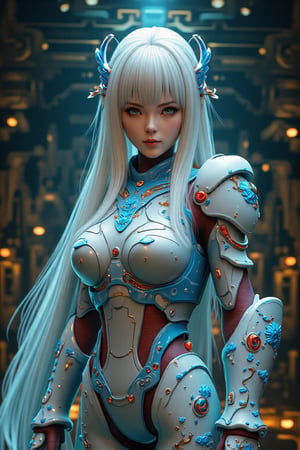 A cinematic masterpiece of photorealistic excellence, a stunning portrait of the hubgwomen, 'hubg_beauty_girl', captured in a front-view pose, with piercing eyes gazing directly at the viewer. Her long, flowing white hair cascades down her back like a river of silk, as she wears intricate mechanical armor adorned with delicate blue filigree and red metallic parts. The dynamic pose showcases the detailed armor's curves and textures, while the raw photo quality emphasizes every realistic aspect. In the background, an intricate, analog-inspired setting provides depth and context, illuminated by cinematic lighting that accentuates every detail. This is a true work of art, a photorealistic marvel that blurs the line between reality and fantasy.