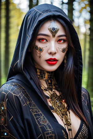 Cyberpunk priestess, pale face with intricate circuitry tattoos. Glowing red eyes, black lips. Ornate golden hood, dark robe. Mechanical neck and chest visible. Eerie forest background. Hyper-detailed, dramatic lighting, digital art style. Gothic and futuristic blend