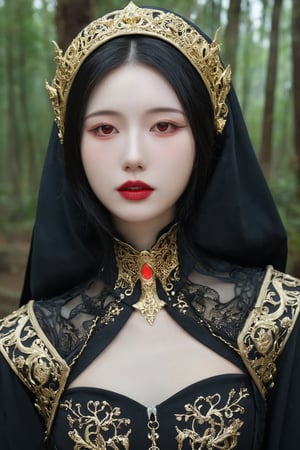 Cyberpunk priestess, pale face with intricate circuitry tattoos. Glowing red eyes, black lips. Ornate golden hood, dark robe. Mechanical neck and chest visible. Eerie forest background. Hyper-detailed, dramatic lighting, digital art style. Gothic and futuristic blend