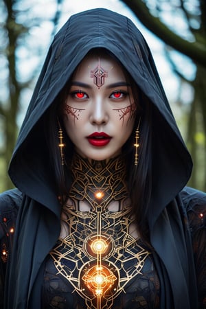 Cyberpunk priestess, pale face with intricate circuitry tattoos. Glowing red eyes, black lips. Ornate golden hood, dark robe. Mechanical neck and chest visible. Eerie forest background. Hyper-detailed, dramatic lighting, digital art style. Gothic and futuristic blend