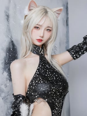 Beautiful girl, cat girl. She is very badass, she wears a very luxurious outfit. detailed image, detailed skin, upper body, looking at viewer. White background, ((masterpiece: 1.2)), light particles, ink droplets in background, Anime style