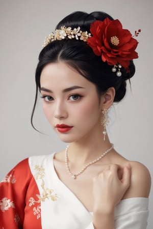 (masterpiece, top quality, best quality, official art, beautiful and aesthetic:1.2),meixue, 1girl, hair ornament, solo, jewelry, earrings, beads, looking at side, flower, black hair, make up, chinese clothes, from side, red lips, closed mouth, hair flower, pearl \(gemstone\), white background, upper body, tassel, hair bun