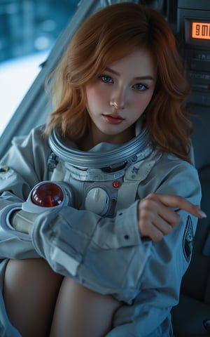 (ultra realistic,best quality),photorealistic,Extremely Realistic,in depth,cinematic light,hubggirl, BREAK photo of a ginger woman, in space, futuristic space suit, (freckles:0.8) cute face, sci-fi, dystopian, detailed eyes, blue eyes, BREAK dynamic poses, particle effects, perfect hands, perfect lighting, vibrant colors, intricate details, high detailed skin, intricate background, realistic, raw, analog, taken by Sony Alpha 7R IV, Zeiss Otus 85mm F1.4, ISO 100 Shutter Speed 1/400, Vivid picture, More Reasonable Details